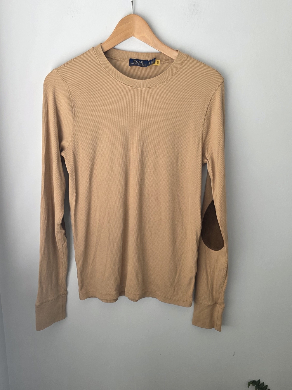 Polo Ralph Lauren Tan Ribbed Long Sleeve Top Women’s XL Brown Elbow Patches